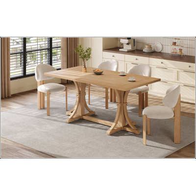 Solid Wood Dining Table for 6 People, 60 Inch Rustic Farmhouse Design with Trestle Base & Curved Legs, Natural Oak Finish