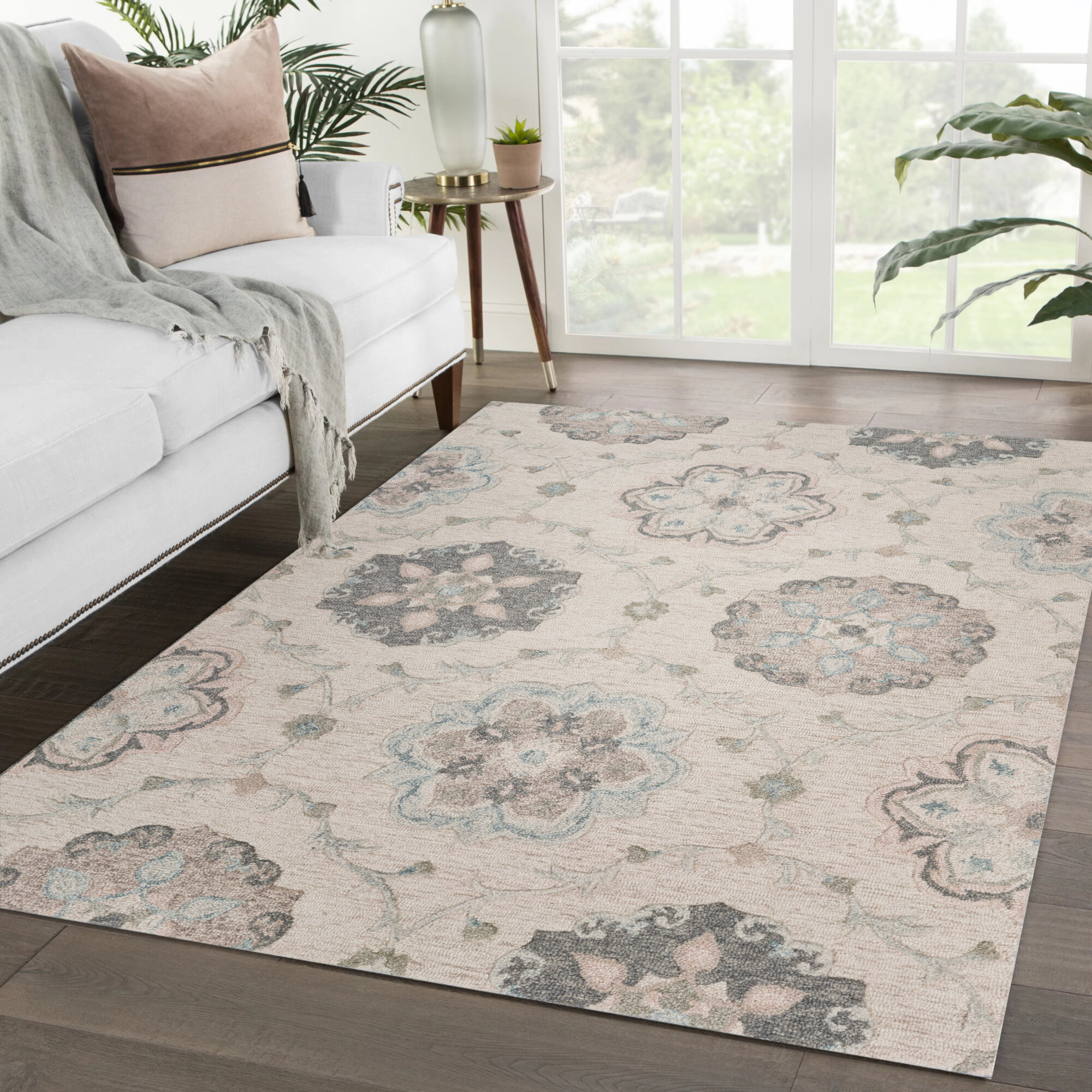 Blue & White Rose Floral Hand Tufted 100% Wool Soft Area Rug