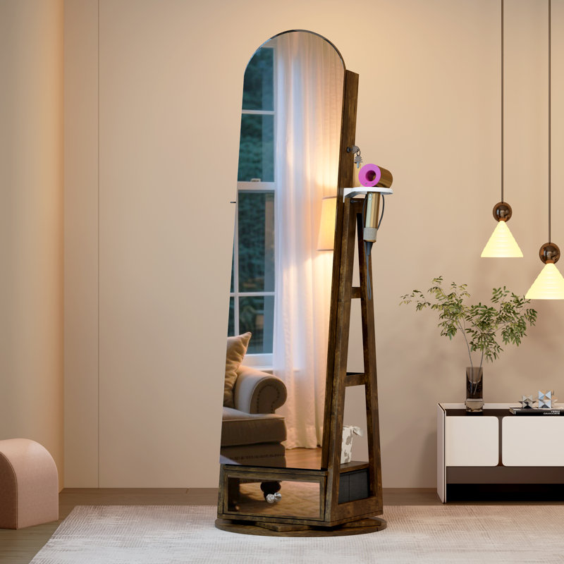 Armoire à bijoux pivotante à 360 °, armoire à bijoux sur pied et verrouillable avec miroir pleine grandeur, Brun rustique