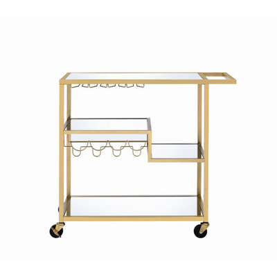 Champagne Finish Mirrored Serving Trolley With Wine Rack, 5mm Mirror & 3mm Ply Top/shelves, Metal Frame, Bottle Holder, Caster Wheels, 3 Open Compartments, 70lbs Top Limit, 40lbs Shelf Limit Cart