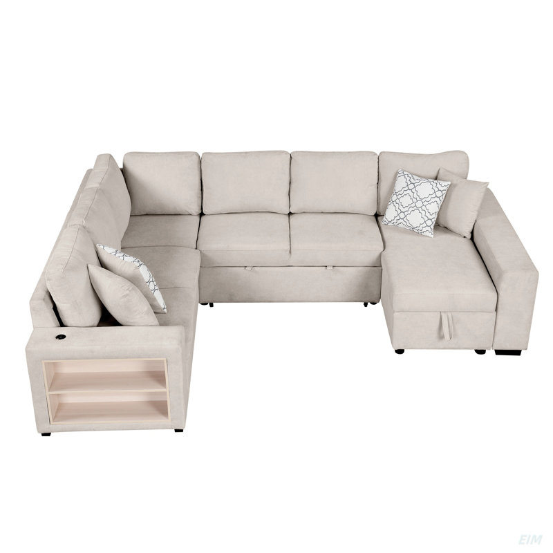 109" U-Shaped Sectional Sofa Pull-Out Sofa Bed With Two USB Ports, A Storage Chaise Lounge And Four Back Pillows For Living Room (Sectional)