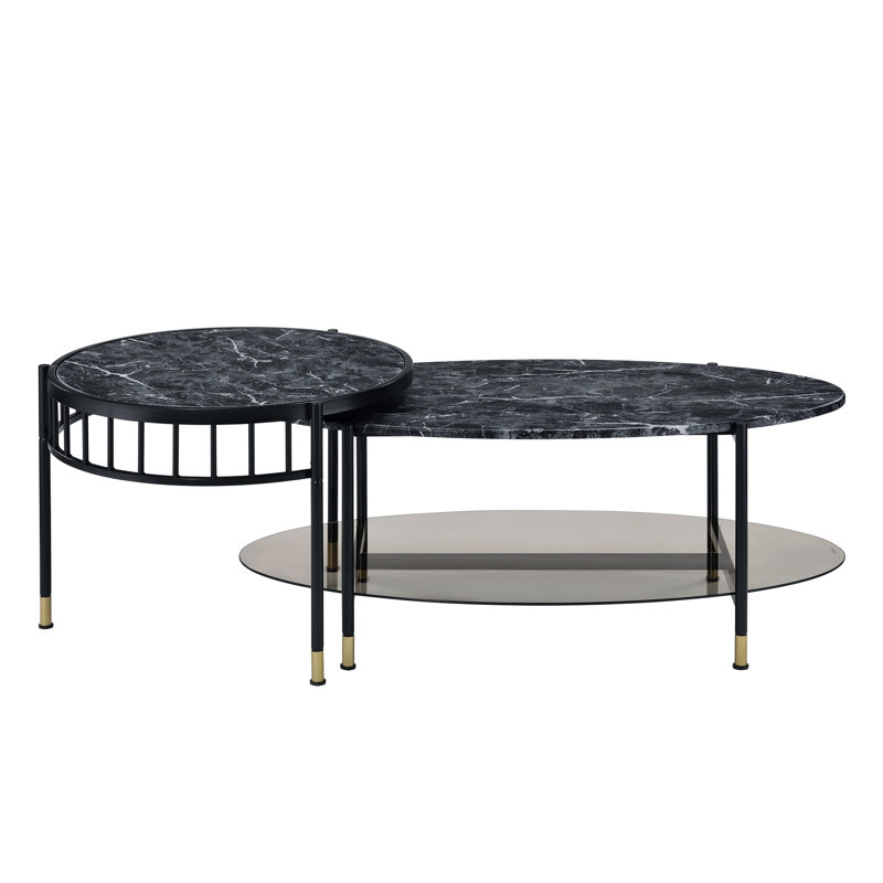 Élégantes tables gigognes en métal avec surfaces en pierre reconstituée et 2 plateaux en faux marbre au fini noir