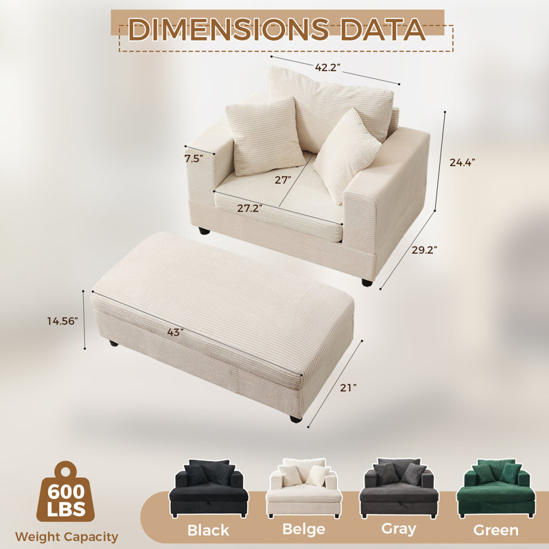 Méridienne rembourrée en velours côtelé moderne avec repose-pieds amovible, Non-Storage Ottoman, Beige