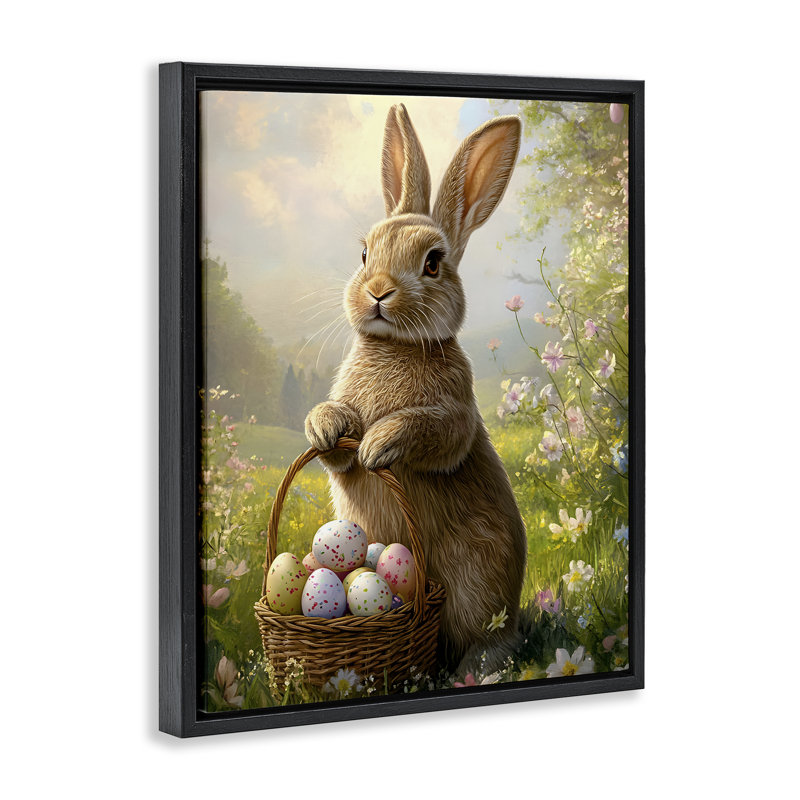 Lapin avec cadre flottant de panier de Pâques, design par Franklyn Gregory, H 21 po x l 17 po, Cadre flottant noir de jais