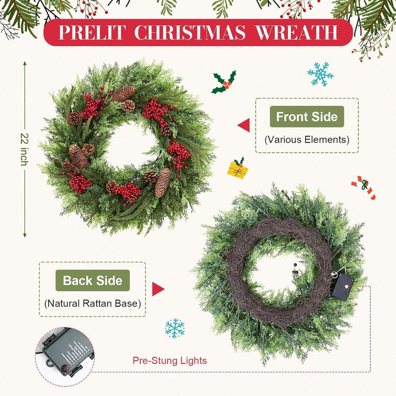 22 inch Lighted Christmas Wreath, Pre-Lit Xmas Wreath with Red Berries, Christmas Decorations, Christmas Wreath for Front Door, Windows, Wall, Mantel Decoration