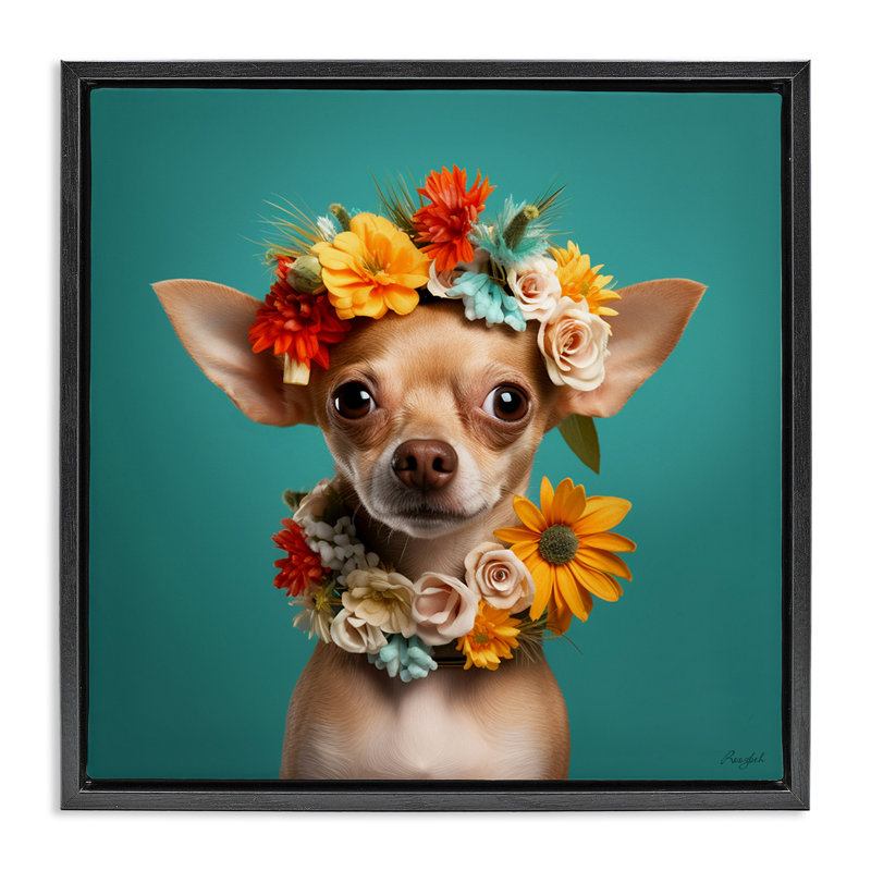 Portrait floral de chihuahua, Cadre flottant noir de jais, 25" H x 25" W