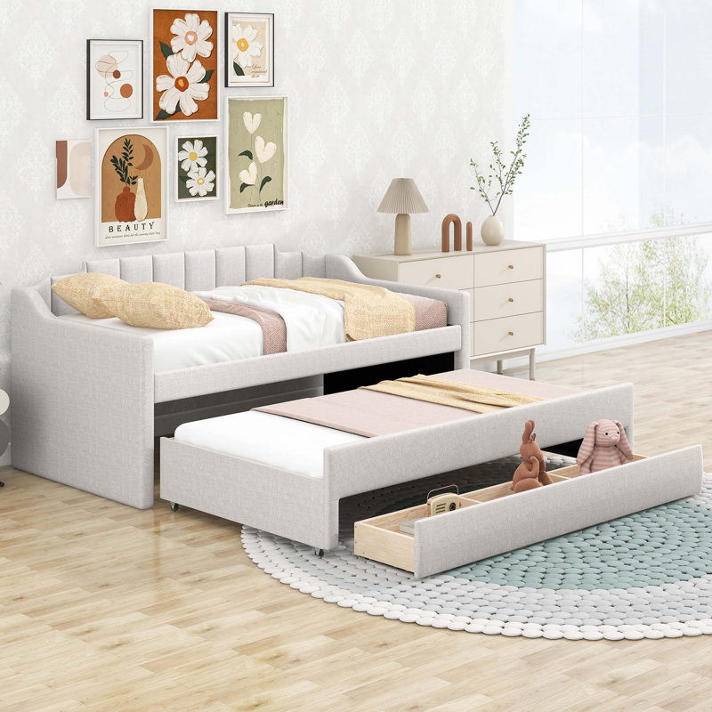Wood Platform Bed with Trundle and 2 Drawers, Beige