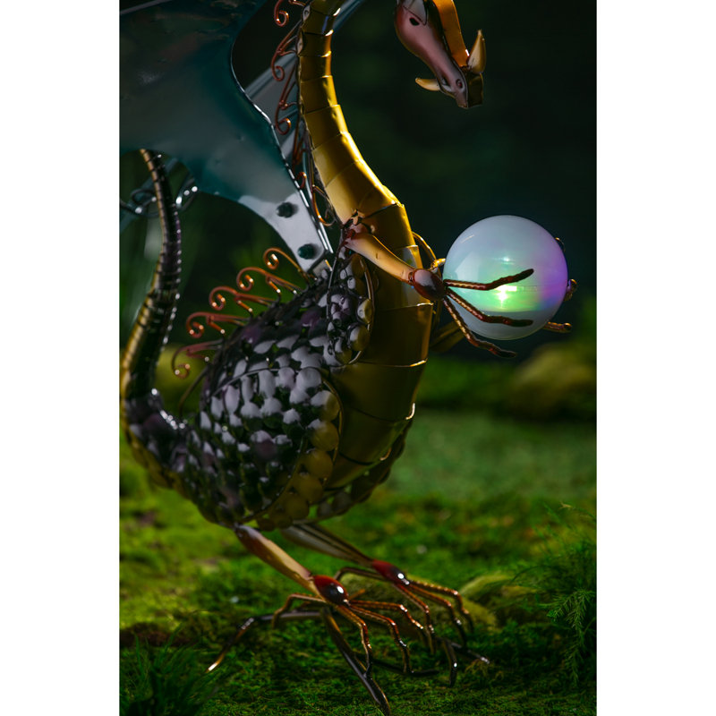 Majestic Black and Gold Metal Dragon Garden Statue with Solar Globe