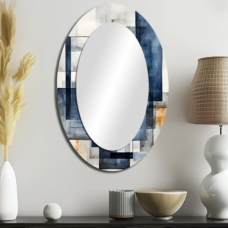 Indigo Illusion Abstract Shapes - Grand miroir mural ovale sur métal, 36 po x 24 po