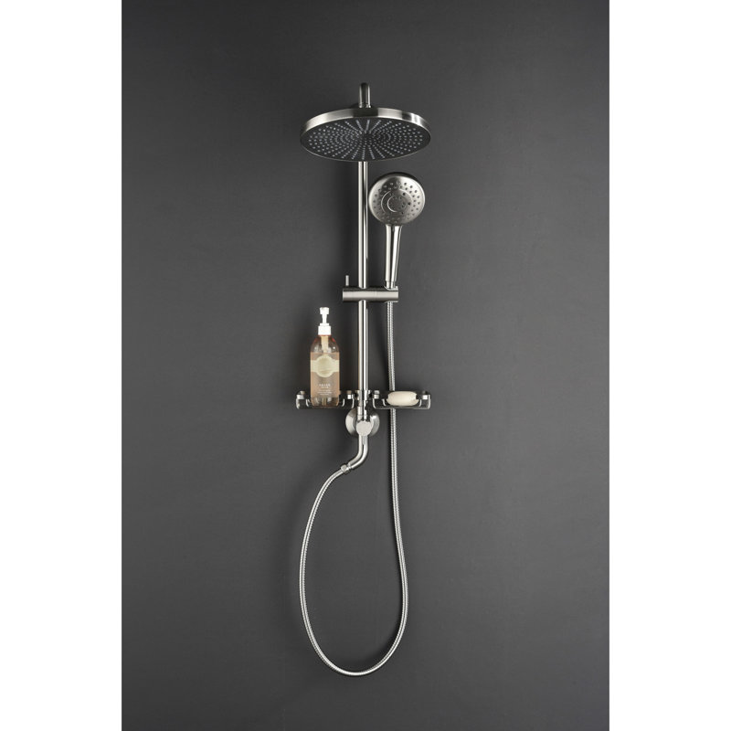 Shower Compilation Incorporating 10" Rainfall Showerhead, 4 Hand Shower, Adjustable Slide Bar And Soap Dish In Brushed Nickel With