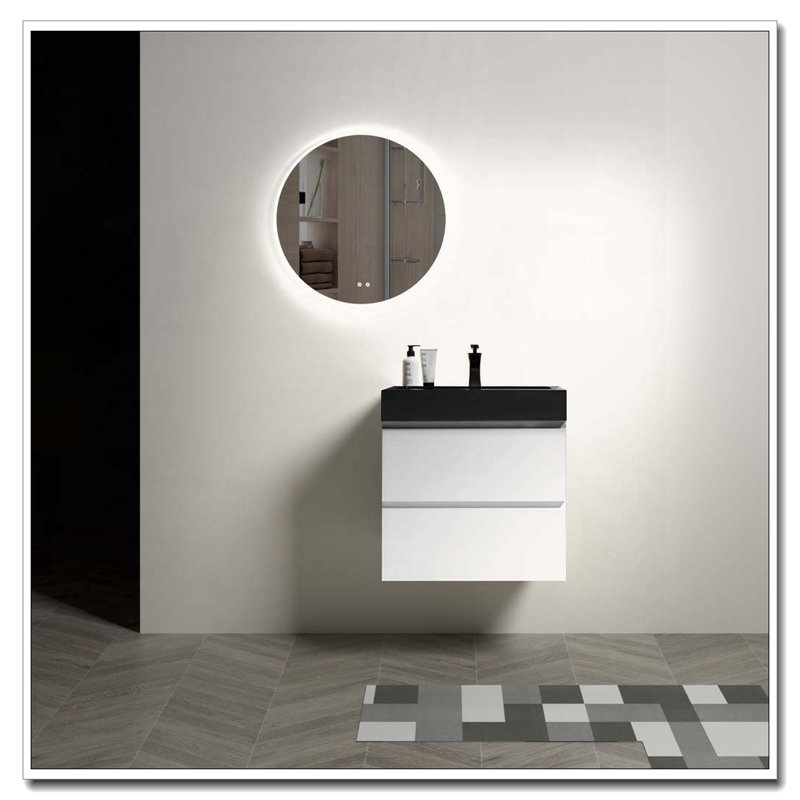 Meuble-lavabo mural flottant avec évier biseauté pré-assemblé, Noir, 24", Blanc