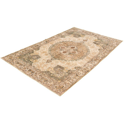 Tapis décoratif beige en laine noué à la main de conception unique 6 pi 7 po x 10 pi 9 po Dhaniya