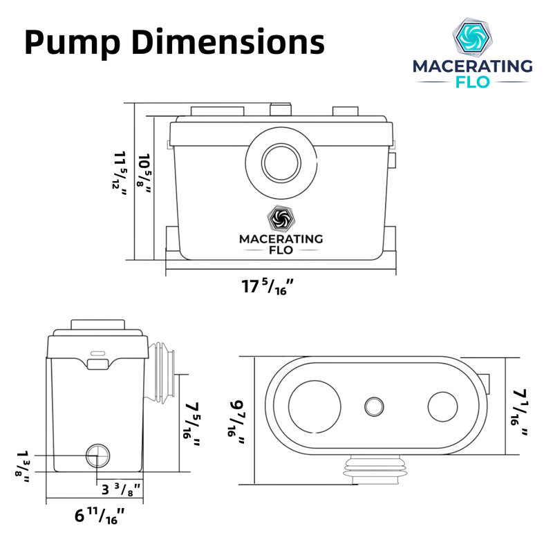 Toilette à macération 750W de 750 W, hauteur confortable de 18 po et cuvette allongée, toilette à chasse d'eau avec 4 entrées d'eau,
Les tuyaux d'extension comprennent