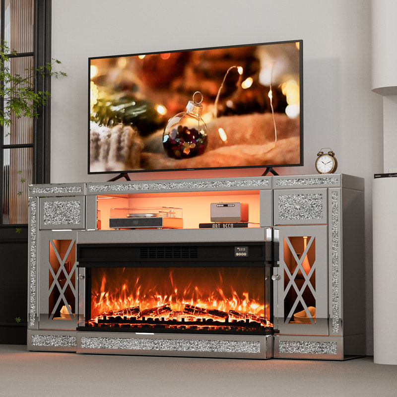 Meuble télé en miroir avec foyer pour téléviseur de 65 pouces et plus, console de télévision argentée avec diamant écrasé et DEL, centre de divertissement moderne avec tiroirs et armoires pour le salon, la chambre à coucher et le bureau