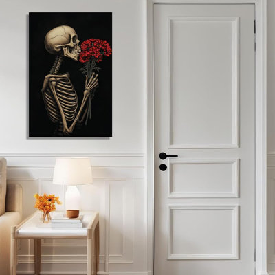 Toile, art mural, décoration d'Halloween, crâne avec rose rouge, impression de peinture gothique rétro, œuvre d'art universitaire foncé pour le salon, chambre à coucher, décoration intérieure encadrée (art - 2,24,00 X 36,00 po)