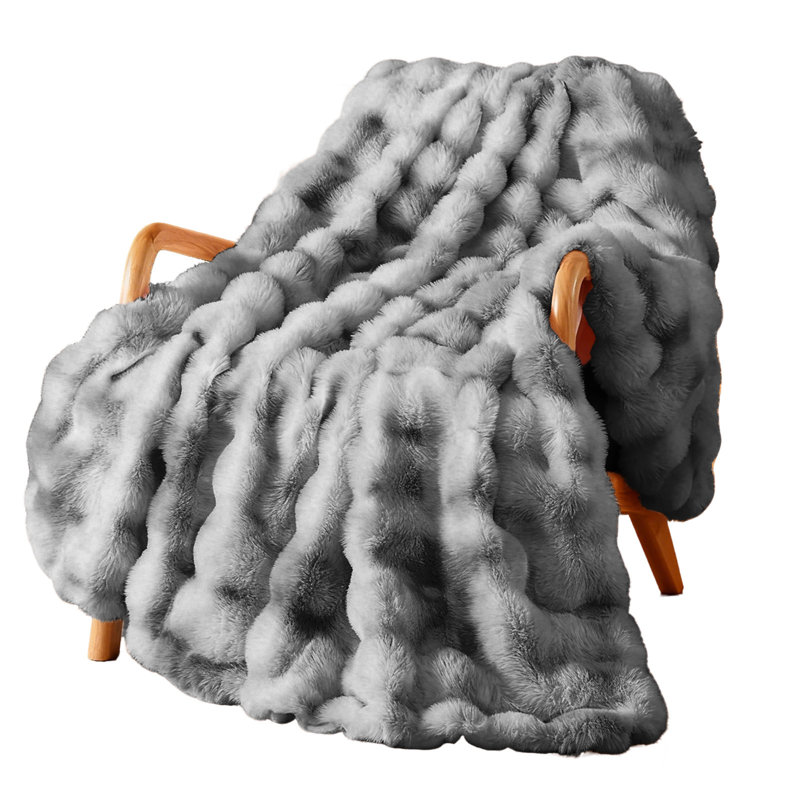 Tie-Dye Faux Rabbit Fur & Flannel Weighted Throw Blanket, Ultra Soft & Cozy for Sofa Couch Bed, Tie-Dye-Grey, 150cm x 180cm