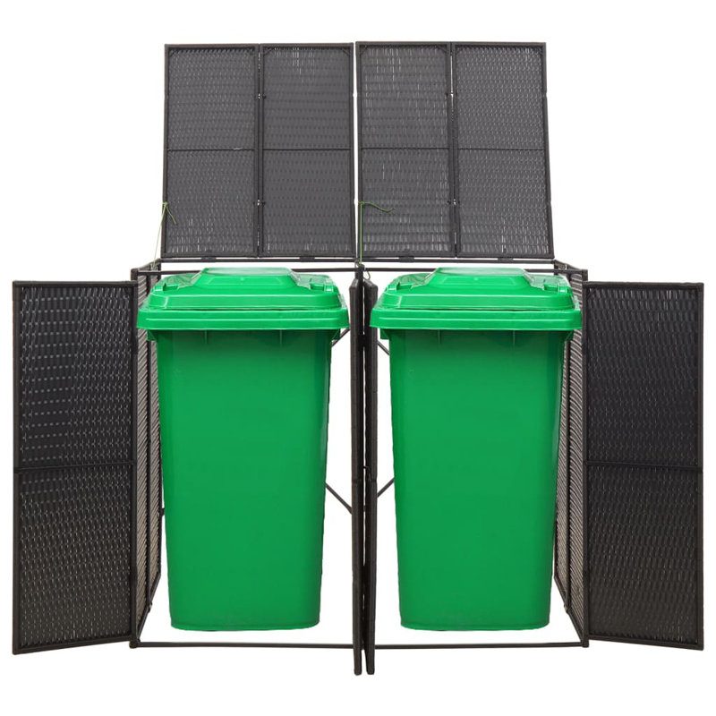 Double Wheelie Bin Shed Black 55.1 x 31.5 x 46.1 in Poly Rattan Outdoor Bin Storage Enclosure