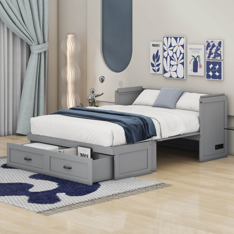 Lit escamotable avec ports USB, tiroirs et poignées en métal, Gris, Double