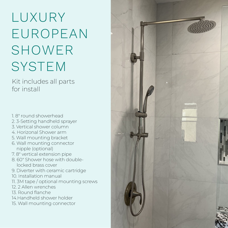 Brushed Nickel Adjustable Height Rain Shower System with Handheld Spray