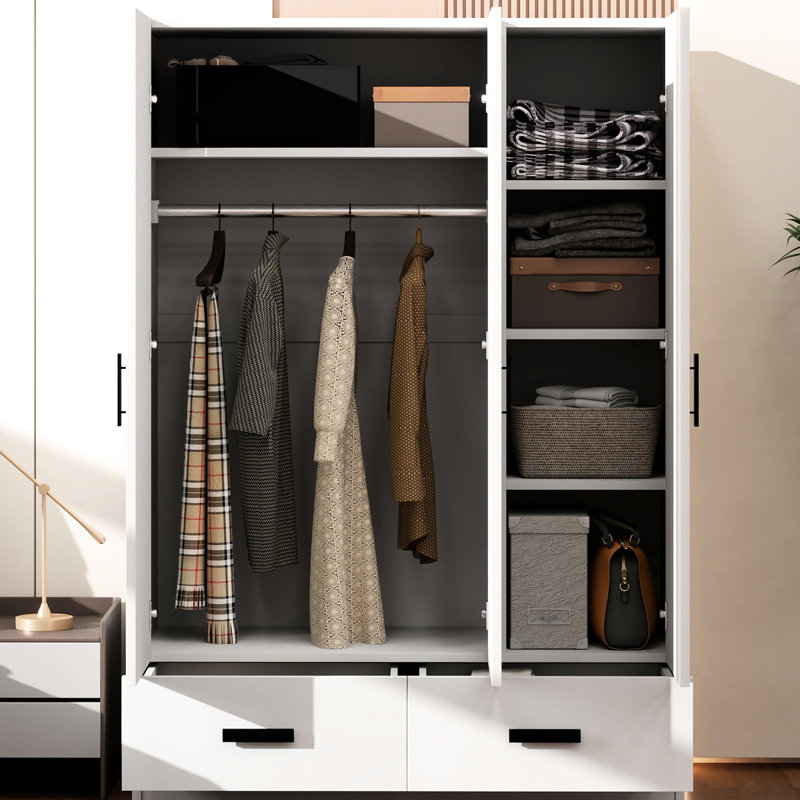 Armoire de rangement blanche avec tringle et compartiments blancs - pratique 3 portes, intérieur spacieux pour une chambre à coucher
