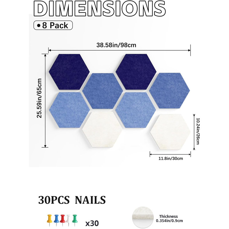 Grand tableau d'affichage 12 po avec 30 punaises, paquet de 8 panneaux d'affichage hexagonal en feutre