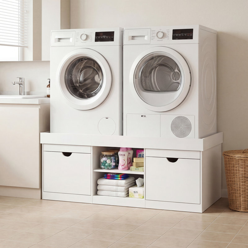 Caisson de lavage universel pour laveuse-sécheuse (pour 2 machines) avec tiroir et tablette ouverte, Blanc