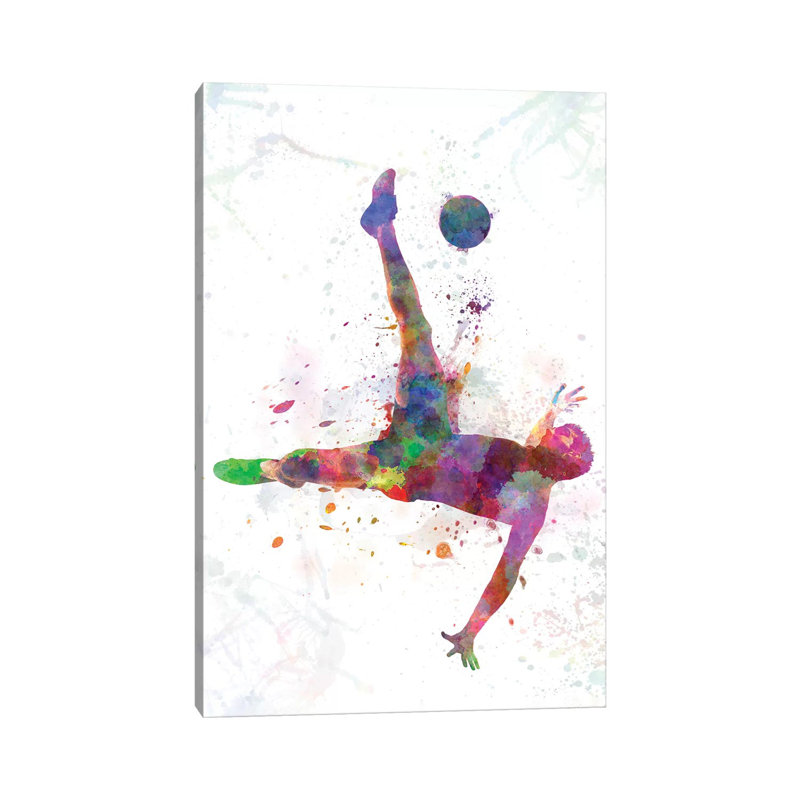 Man Soccer Football Player Flying Kicking IV by Paul Rommer - Wrapped Canvas Painting, 30.48 cm H x 45.72 cm W