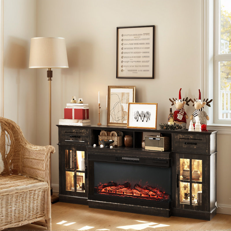 Farmhouse 70'' TV Stand For Tvs Up To 80'' With Electric Fireplace And Adjustable Shelves, Black