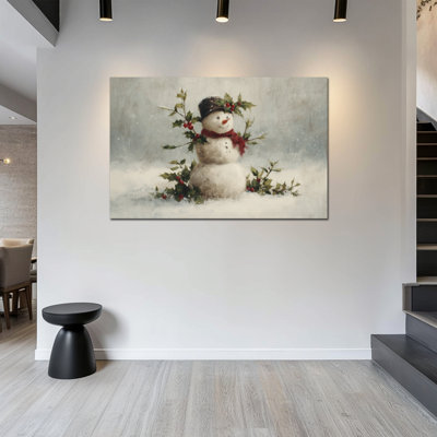 Snowman Wall Art Framed - Christmas Pictures Wall Decor, Vintage Christmas Painting for Living Room, Winter Holiday Wall Decor, Christmas Artwork for Home Wrapped Canvas Print, 24×32 inches