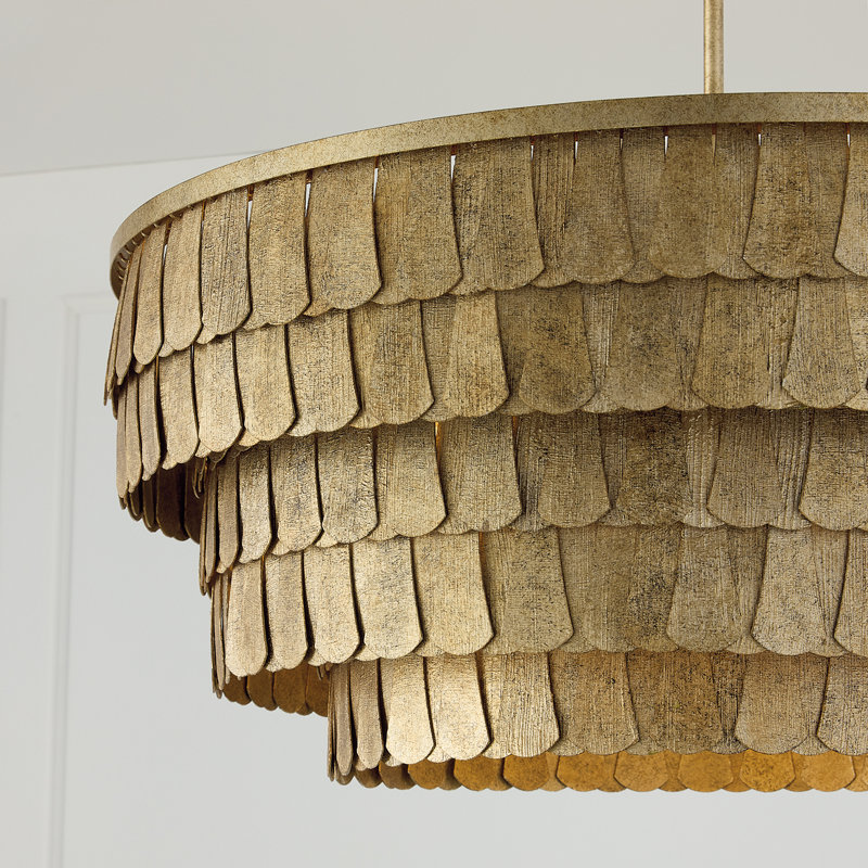 28.75" W x 11.5" H 6-Light Tiered Drum Chandelier in Textured Ancestral Gold with Dangling Petal Adornments