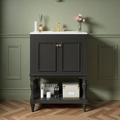 Meuble-lavabo de luxe moderne de 24 po avec lavabo en céramique, meuble de salle de bain avec tablette ouverte et rangement fermé