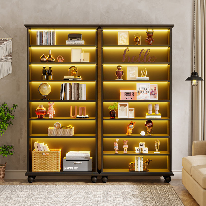 9-Tiers Tall Bookcase With LED Lighting, Black