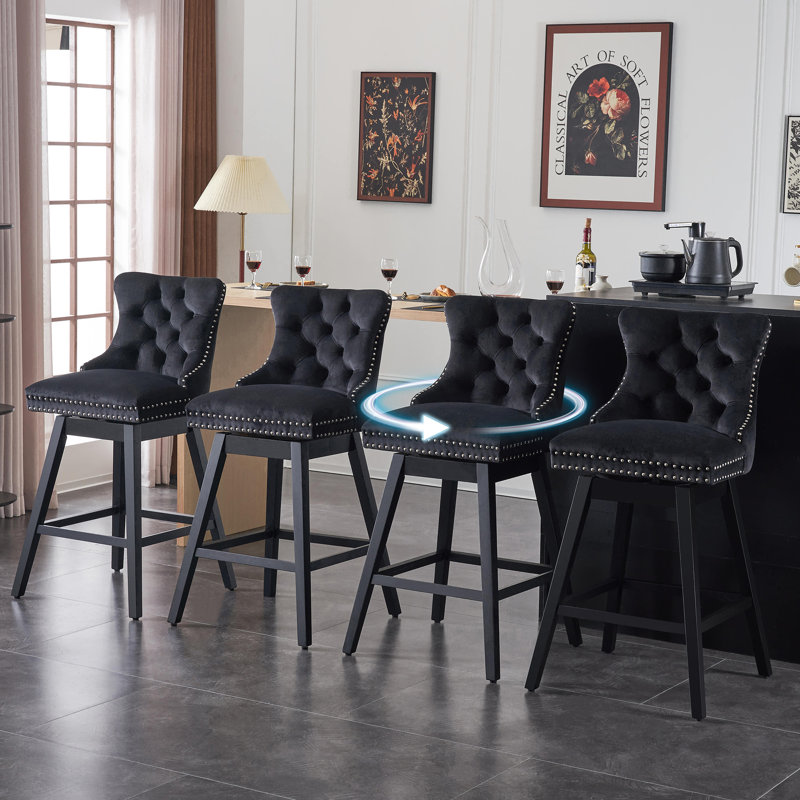 Tabourets de bar pivotants à hauteur de bar avec dossier, hautes chaises de bar rembourrées, structure en bois massif avec garniture cloutée, ensemble de 4