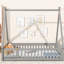 Lit double gris avec garde-corps, porte, lattes, structure, chambre à coucher, assemblage rapide-309115229-309115218