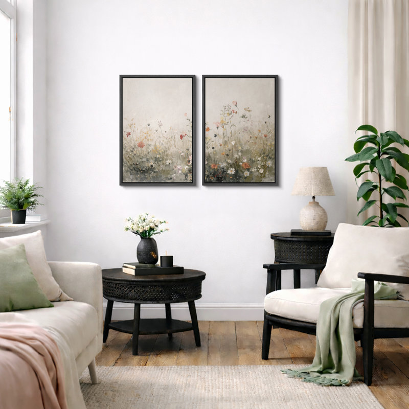 «Minimal Wildflower Meadow», art de chambre à coucher, impression sur toile encadrée, H 36 po x l 48 po, Cadre flottant noir