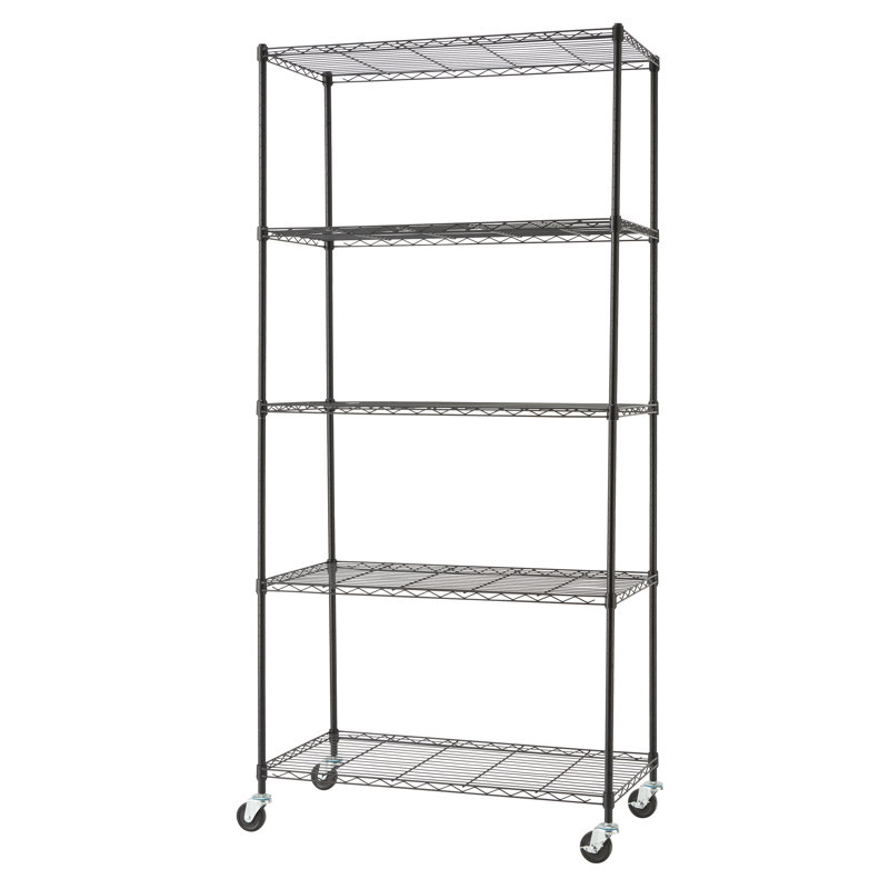 Black 5-Tier Steel Wire Shelving Unit with Wheels, 18"L x 36"W x 76"H
