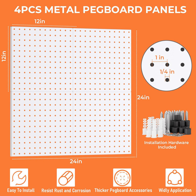 4 Pack 12*12 White Pegboard Panels, Bins, Cups and Peg Board Hooks-white