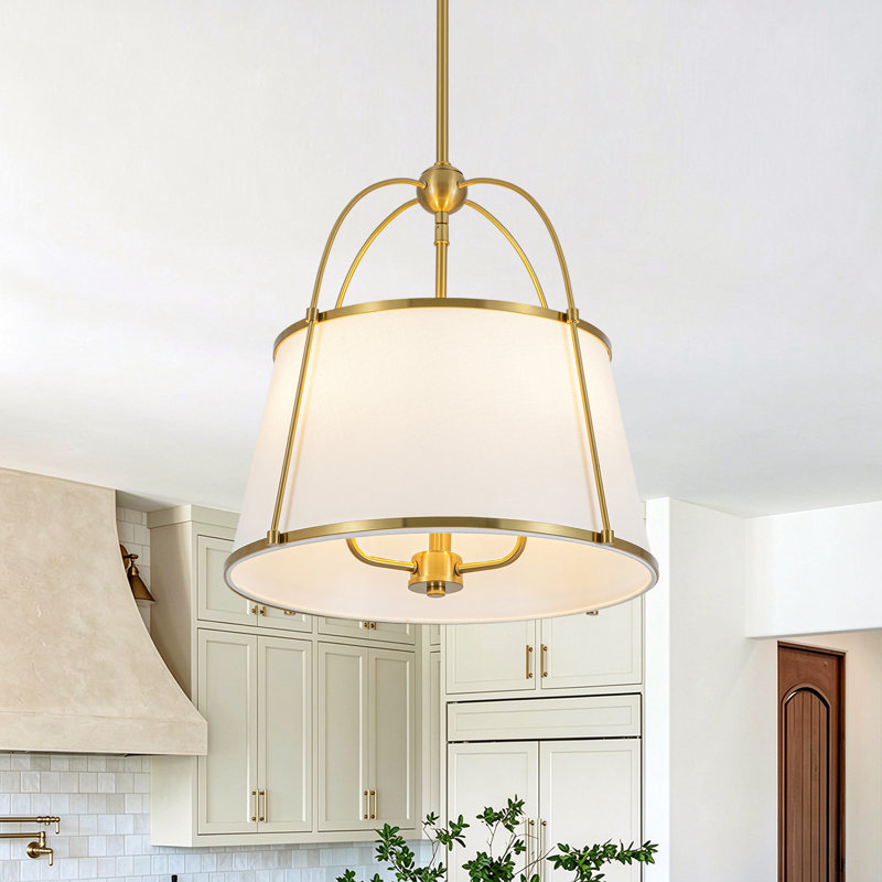 3-Light Modern Farmhouse Chandelier With Off-White Fabric Shade, 17.2'' H X 17'' W X 17'' D