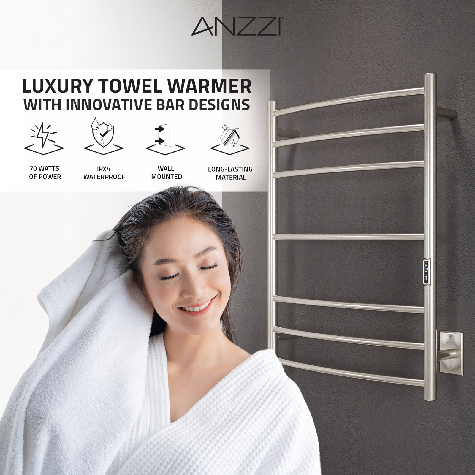 Gown Wall Mounted Electric Towel Warmer, Brushed Nickel