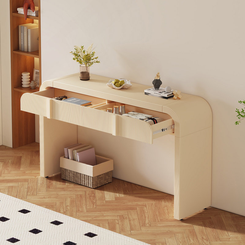 Table console moderne avec 2 tiroirs de rangement, table d'entrée cannelée à silhouette arrondie pour le salon et l'entrée