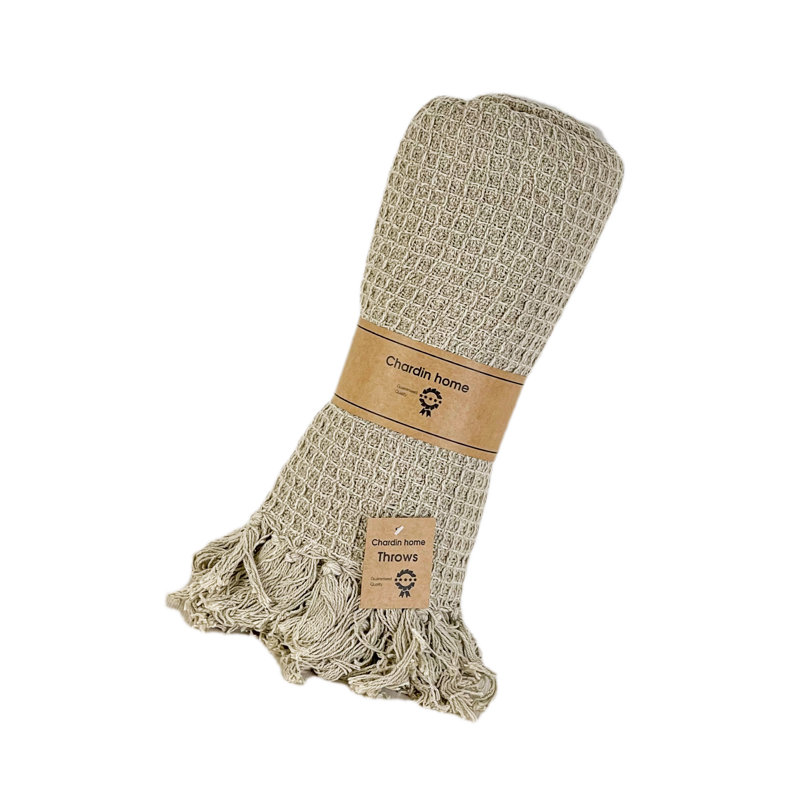 Beige Cotton Waffle Weave Lightweight Throw Blanket