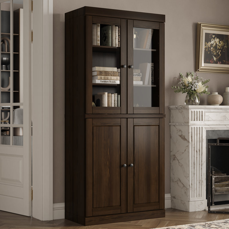 Bibliothèque Vereniz Palace Imports 100 % bois massif, 6 étagères, portes à panneaux en relief et en verre transparent, étagères réglables, 81 cm de large, 182 cm de hauteur
