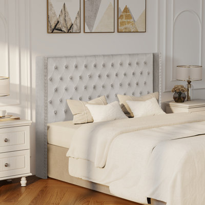 Tufted Upholstered Wingback Queen Headboard with Nailhead Trim  for Adjustable Bed, Wall Mount Option -Velvet Gray