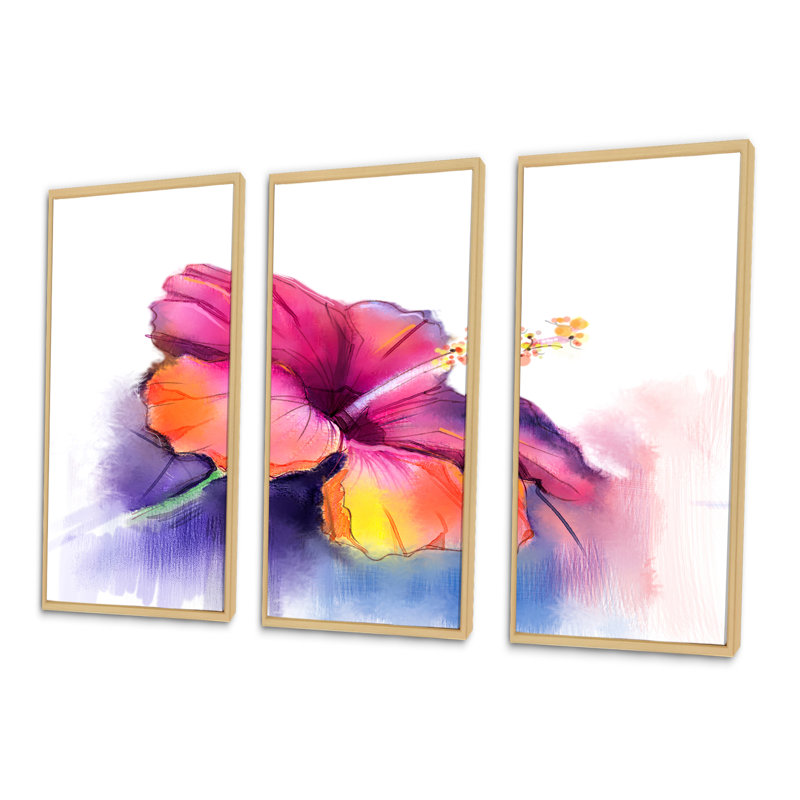 Fleur d'hibiscus rouge et jaune en bleu - ensemble de 3 toiles encadrées florales, H 20 po x l 36 po x P 1 po