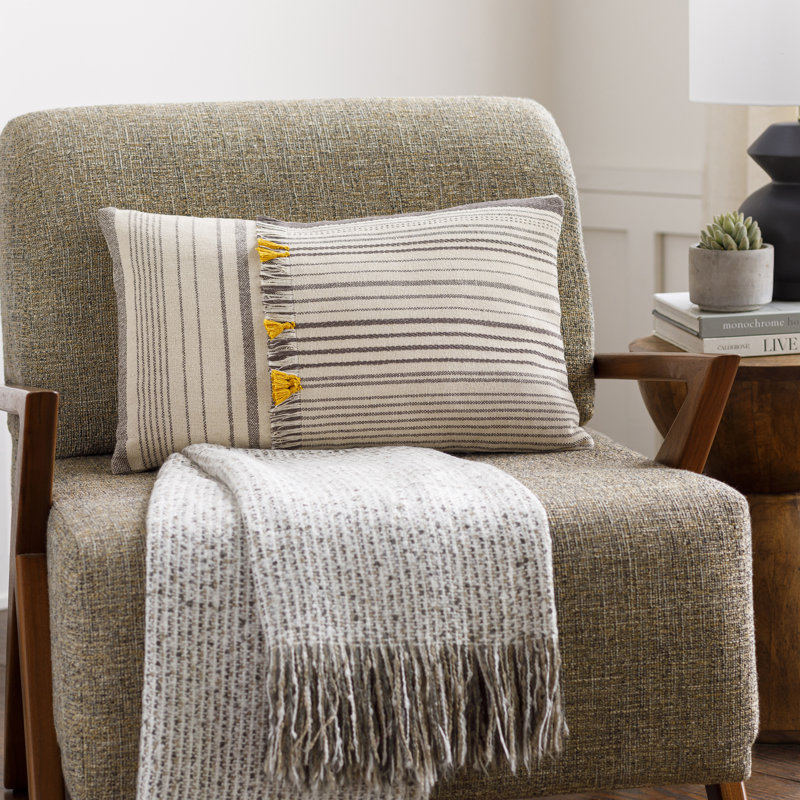Fringed Cotton Throw Pillow, 18" x 18", Down