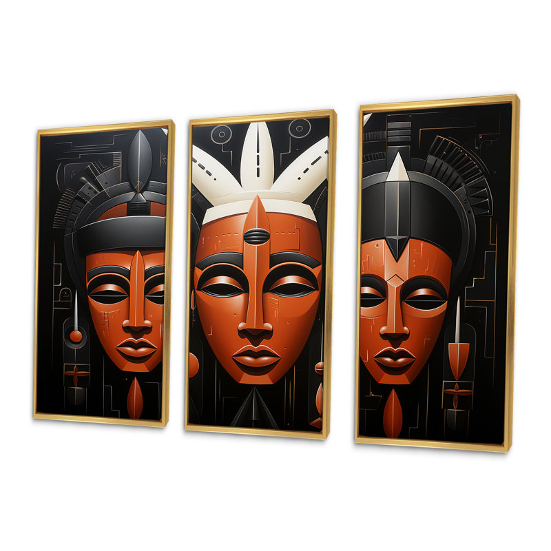 Masque africain noir et orange Kuba, Cadre flottant doré, H 40 po x l 60 po x P 1 po