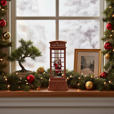Lighted Santa Phone Booth Decoration, Battery Operated Christmas Decoration with Glitter