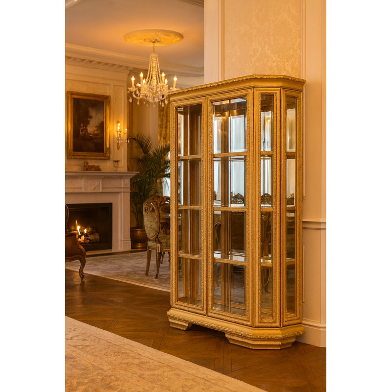 Donnelsville Solid Wood Lighted China Cabinet, Antique Gold/Ivory