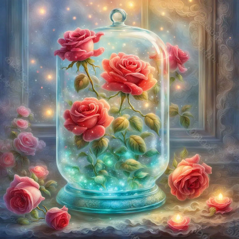 Enchanted Roses - Dôme de verre illuminé, art mural sur toile, H 12 po x l 12 po x P 1 po