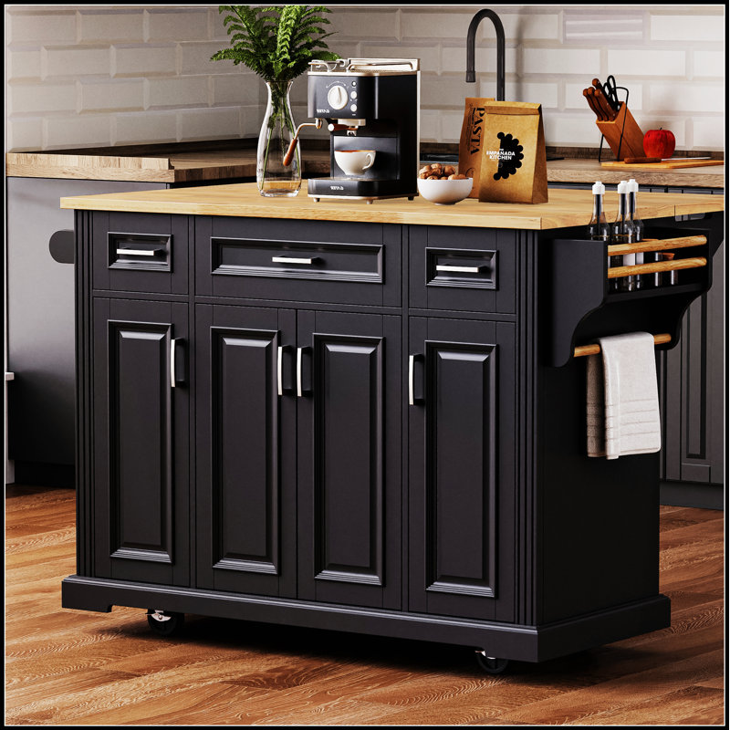 54Inch Large Kitchen Island With Rubber Wood Drop Leaf, Embossed Texture Rolling Cart On 4 Wheels, Ample Storage For Kitchen And Dining Room